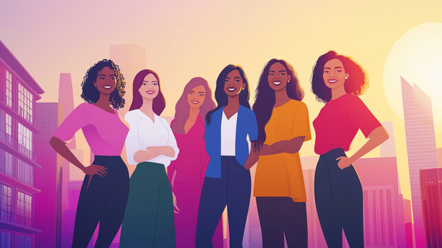 Diverse Group of Women Standing Together in Cityscape at Sunset, Illustration