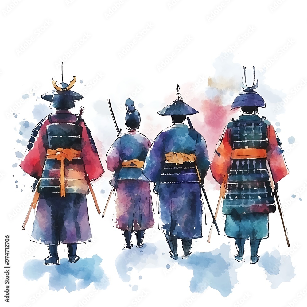 Sticker Watercolor Illustration of Four Samurai Walking Away From the Viewer.