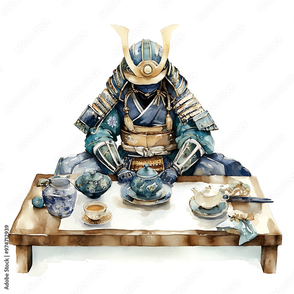 Wall mural Watercolor Illustration of a Samurai Having Tea.