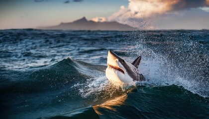 Fototapeta premium Fierce Great White Shark Leaping from Ocean at Sunset, Mouth Wide Open with Jagged Teeth Exposed, Dramatic Splash and Mountain Silhouette Background, Capturing the Power of Nature's Apex Predator