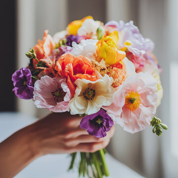 Vibrant Flower Bouquet Held in Hand, Spring Floral Arrangement