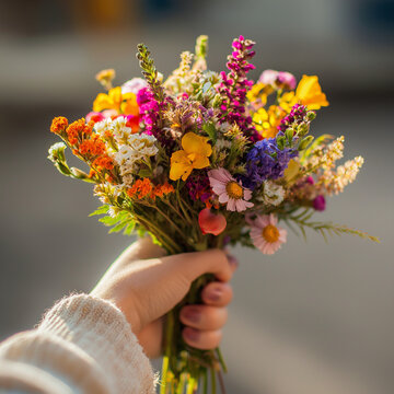 Hand Holding a Colorful Wildflower Bouquet in Soft Sunlight