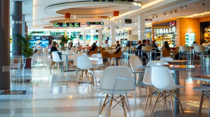 A busy airport terminal with a lot of people and chairs