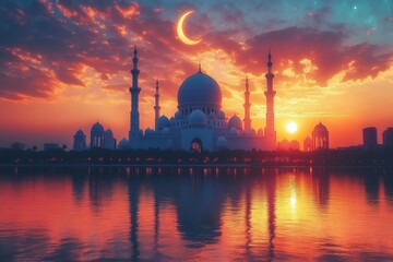 Fototapeta premium majestic mosque silhouette at sunset crescent moon starry sky intricate islamic architecture colorful lanterns eid celebrations reflections in tranquil water ethereal atmosphere