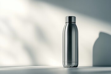 A sleek stainless steel water bottle standing on a surface with soft shadows.