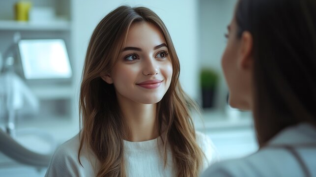 Aesthetic clinic worker communicating with cheerful customer : Generative AI - Powered by Adobe