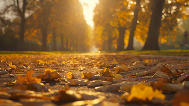 Fallen Autumn Leaves on Pathway at Sunset in a Quiet Park