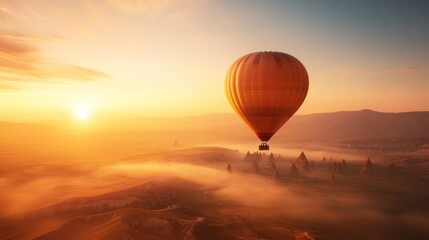 Obraz premium Serene Hot Air Balloon Ride Over Cappadocia’s Fairy Chimneys: A Dreamlike Journey Through Golden Light and Mist