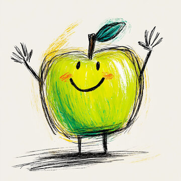 Cheerful Green Apple Character Illustration in Crayon Style with Leaf Detail