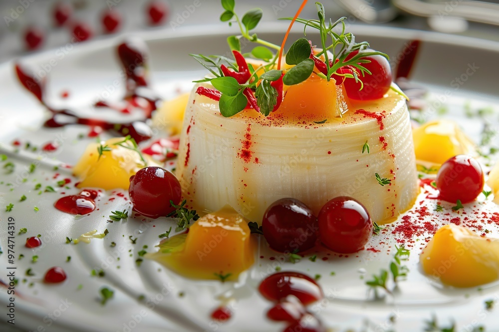 Poster elegant dessert with white cream and fruit