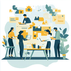 Fototapeta premium A group of people are working together in a modern office setting. They are using laptops and other devices to collaborate on a project. The atmosphere is focused and productive