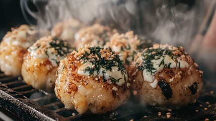 Grilled rice balls topped with herbs and sauce, steaming on a grill.
