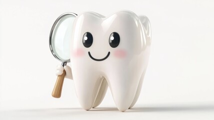 A 3D tooth character holding a magnifying glass, inspecting its own teeth, isolated on white