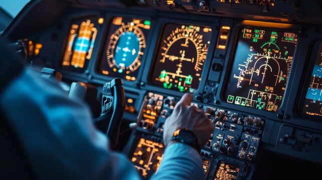 Close-up of the airplane cockpit instruments, focusing on the controls and monitors showing flight data, with hands on the yoke.