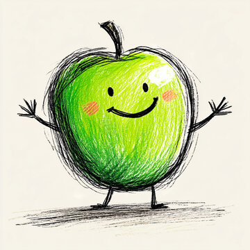 Playful Green Apple Character Illustration with Sketchy Crayon Lines
