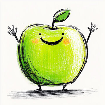 Cheerful Green Apple Character Illustration with Leaf in Crayon Style