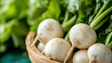 A detailed close-up of white radishes sitting in a basket, surrounded by lush green leaves, highlighting their fresh quality and the natural beauty of farm produce.