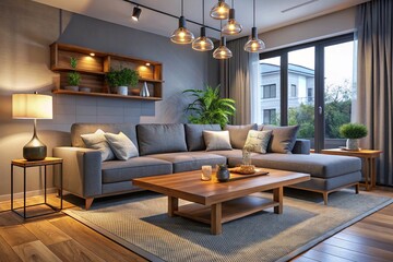 Interior of modern living room with grey sofa, wooden coffee table and glowing lamps at evening