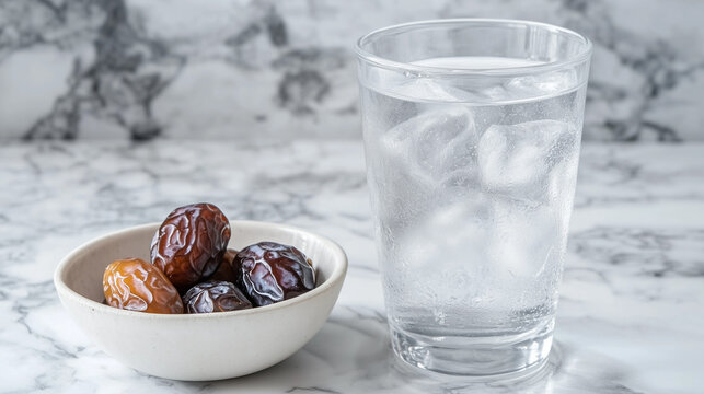 Fresh Dates and Ice Water on Marble Surface with Cool Tones