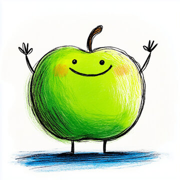 Cheerful Green Apple Character Illustration in Crayon Style with White Background
