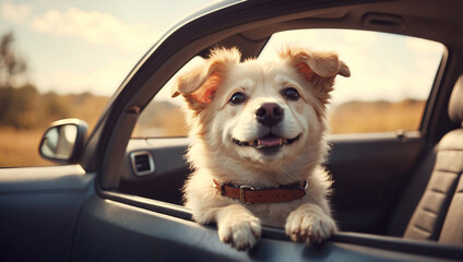 Cute Happy Dog Looking Out of a Car