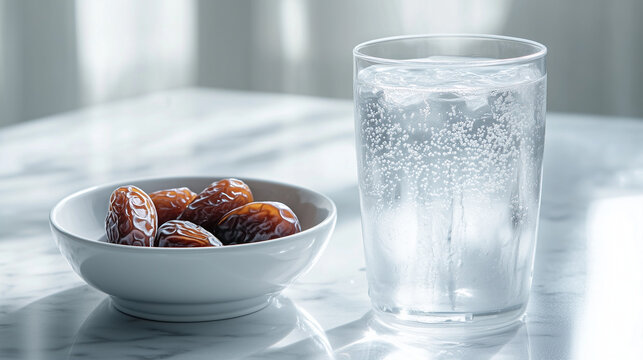 Dates with Sparkling Ice Water in Bright Morning Light on Marble Table