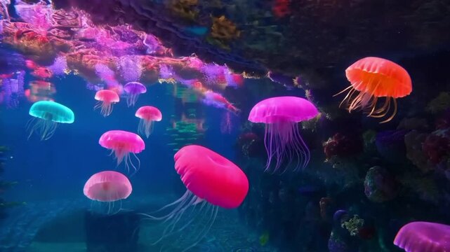 Seamless animation colorful jellyfish in deep sea underwater background pattern in fantasy marine concept. Graphical sea animal nature background or screen saver 4k