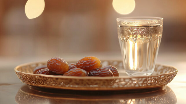 Dates with Water in Ornate Glass on Intricate Tray with Warm Light