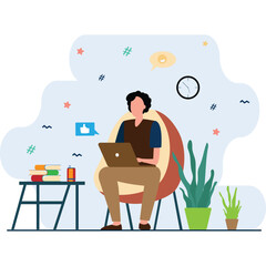 Man with laptop sitting in nature and leaves. Concept illustration for working, freelancing, studying, education, work from home.