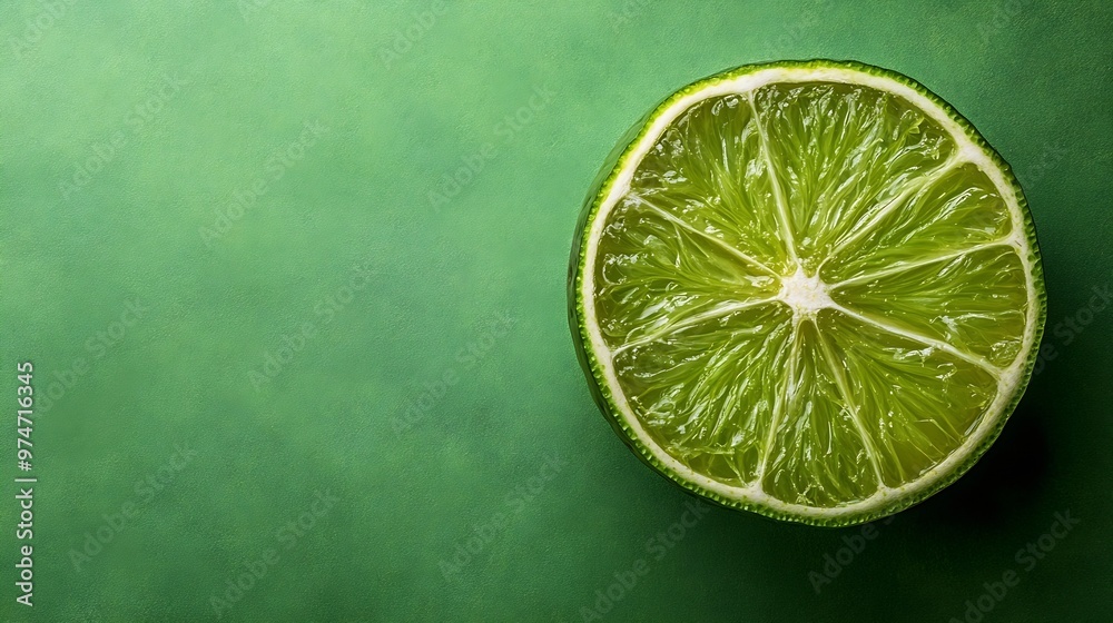 Poster slice of fresh lime and dehydrated one on green background top view : generative ai