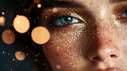 An abstract composition featuring a blurred face on the right side and glowing lights in the background, creating a sense of mystery and a dreamy atmosphere.