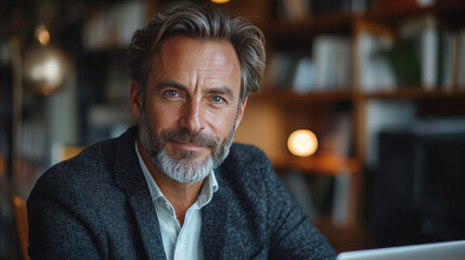 Fototapeta premium A middle-aged man with a beard looks at the camera with a friendly smile.