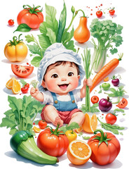 Kids eating healthy breakfast in vegetables and fruits illustration. Vector Illustration Of Food Concept Design. watercolor style