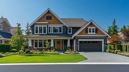 Real Estate Exterior Front House on a sunny day Big custom made luxury house with nicely landscaped front yard and driveway to garage in suburbs Modern designed home New construction h : Generative AI