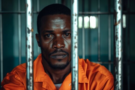A black male prisoner in an aged orange uniform looks directly at the camera while standing behind metal bars in a detention center, revealing a serious expression
