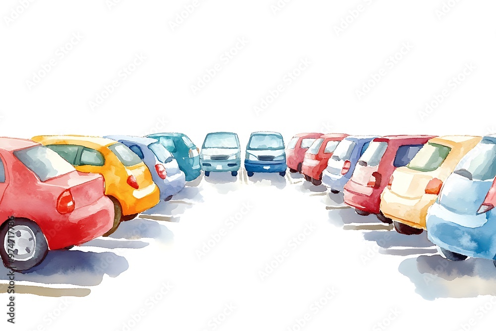 Canvas Prints Watercolor illustration of a row of colorful cars parked in a parking lot.