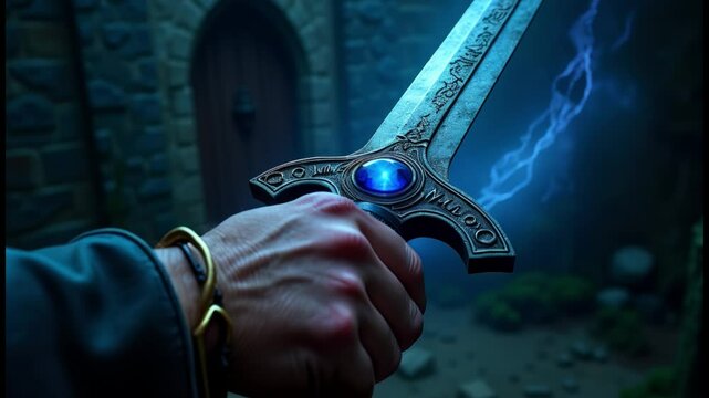 A close-up of a warrior&rsquo;s hand gripping an ancient, enchanted sword