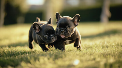Two French Bulldog puppies energetically play with each other on a grassy field