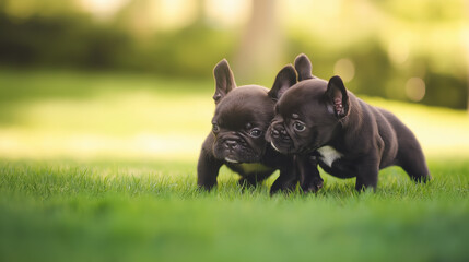 Two French Bulldog puppies energetically play with each other on a grassy field