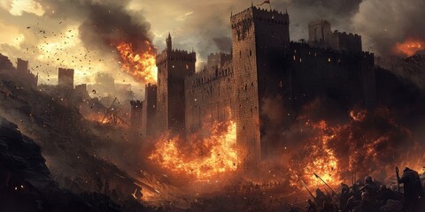Fototapeta premium A fiery siege on a stone castle.