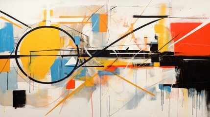 A vibrant abstract painting with bold strokes of color. The use of black lines and shapes creates a sense of depth and movement.