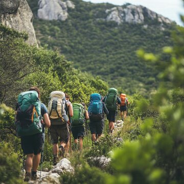 Packs &ndash; Hikers Wearing Backpacks Climbing Rugged Terrain Symbolizing Adventure and Endurance