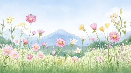 Fototapeta premium A serene landscape featuring a vibrant flower field in front of majestic mountains under a clear blue sky.