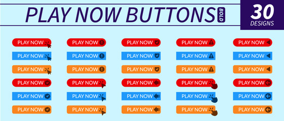 Complete set of play now buttons with hand pointer, arrow pointer and other related icons in bold design