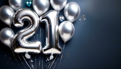 Banner with number 21 silver balloons with copy space