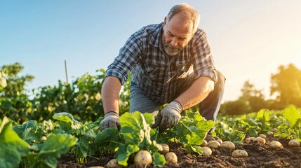 Fototapeta premium Harvesting Fresh Potatoes at Sunrise Organic Farming Concept in Fertile Field