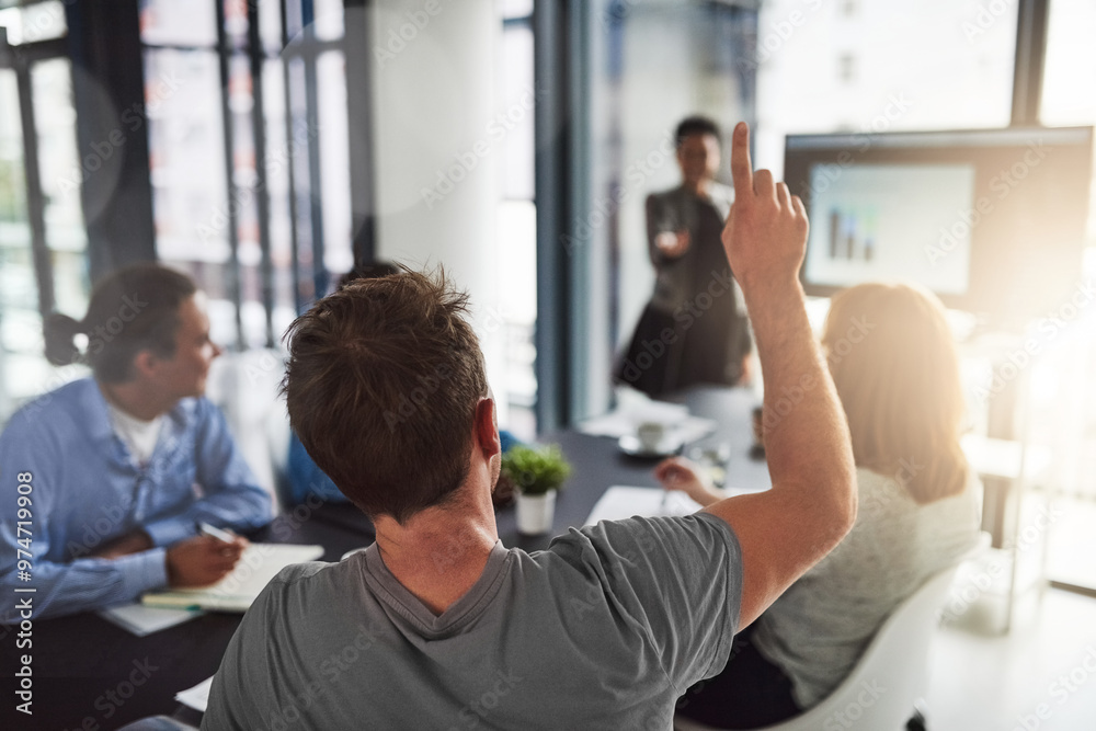 Poster man, question and coworkers in business meeting or office as project manager in architecture firm. b