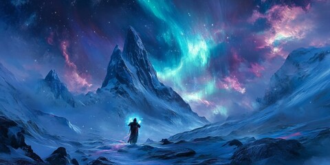 A lone figure stands in a snowy mountain range under