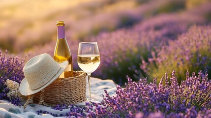 Two glasses with white wine and bottle on background of a lavender field Straw hat and basket with flowers lavender on a blanket on picnic Romantic evening in sunset rays Summer in Pro : Generative AI