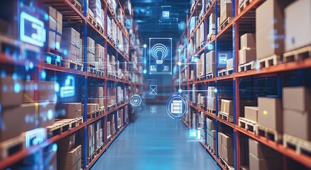 A dynamic smart warehouse management system that aligns shelves and fills boxes. Digital blue symbols of technology such as wireless networks or icons floating above the scene. 